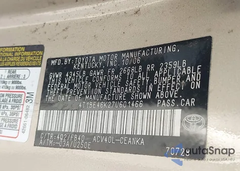 2007 Toyota Camry Le из США, поврежденный, VIN 4T1BE46K27U601466